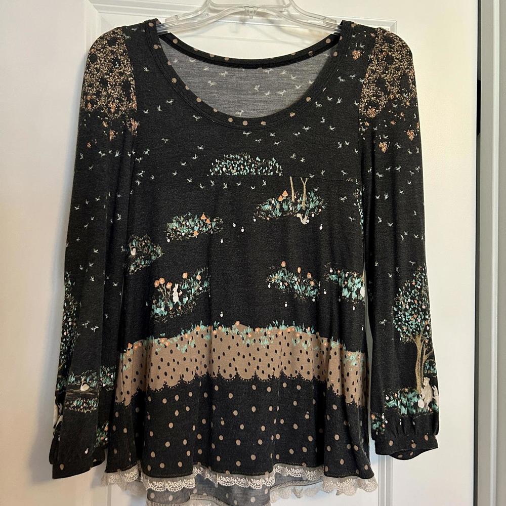 Franch Lippe Japan Navy Blue Woodland Creatures Rabbit Bear Blouse Shirt Top